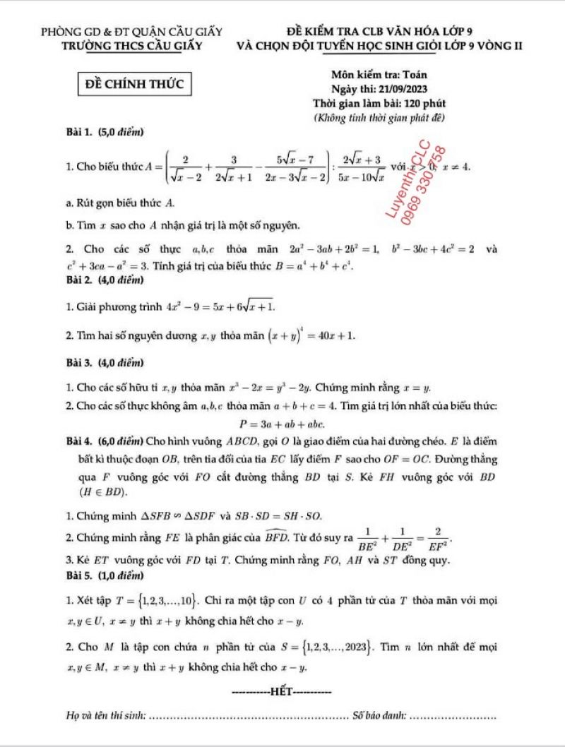 Đề kiểm tra CLB văn hóa và chọn đội tuyển HSG môn Toán lớp 9, Vòng II Trường THCS Cầu Giấy, Hà Nội năm 2023