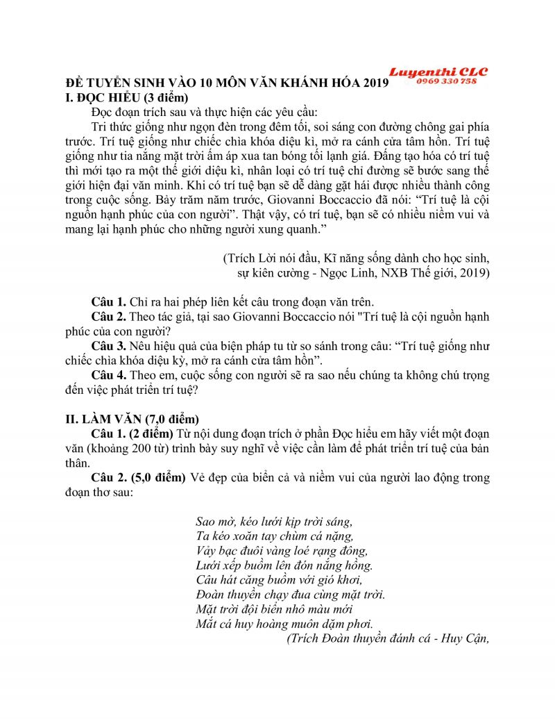 Đề thi tuyển sinh v&agrave;o lớp 10 m&ocirc;n Ngữ Văn tỉnh Kh&aacute;nh H&ograve;a năm 2019
