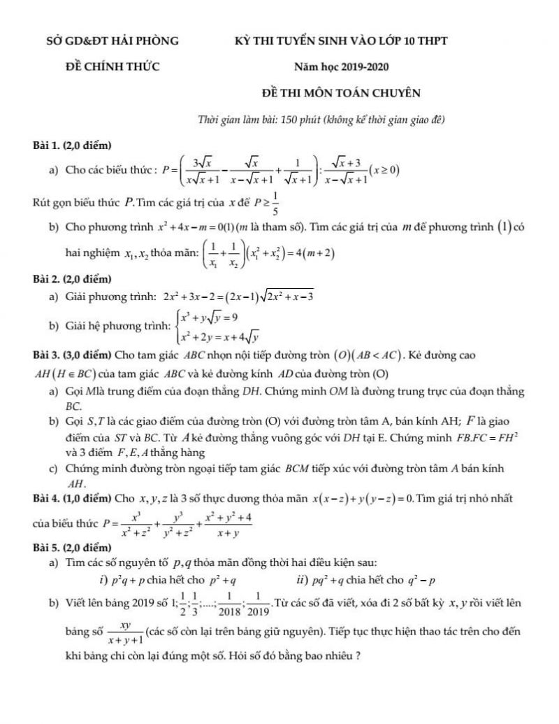 Đề thi tuyển sinh vào lớp 10 THPT môn Toán ( Chuyên ) tại Hải Phòng năm 2020
