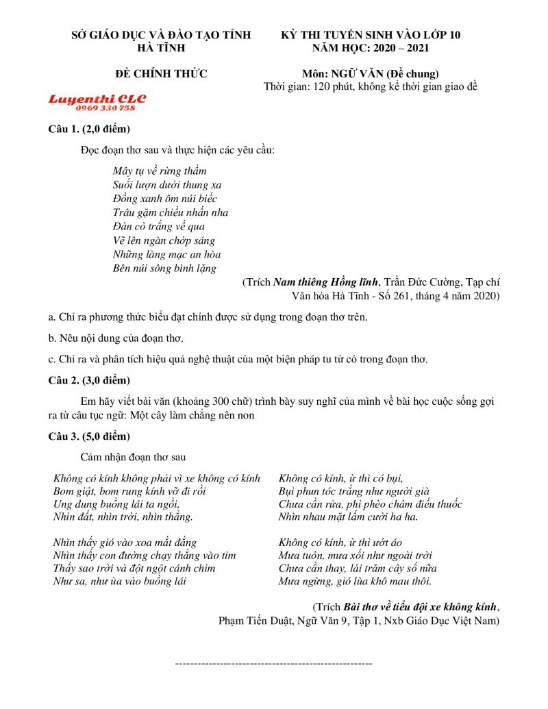 Đề thi tuyển sinh vào lớp 10 THPT môn Ngữ Văn tỉnh Hà Tĩnh năm 2021