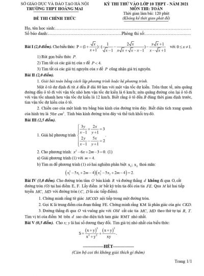 Đề thi thử tuyển sinh vào lớp 10 THPT và đáp án môn Toán Trường THPT Hoàng Mai tại Hà Nội năm 2021