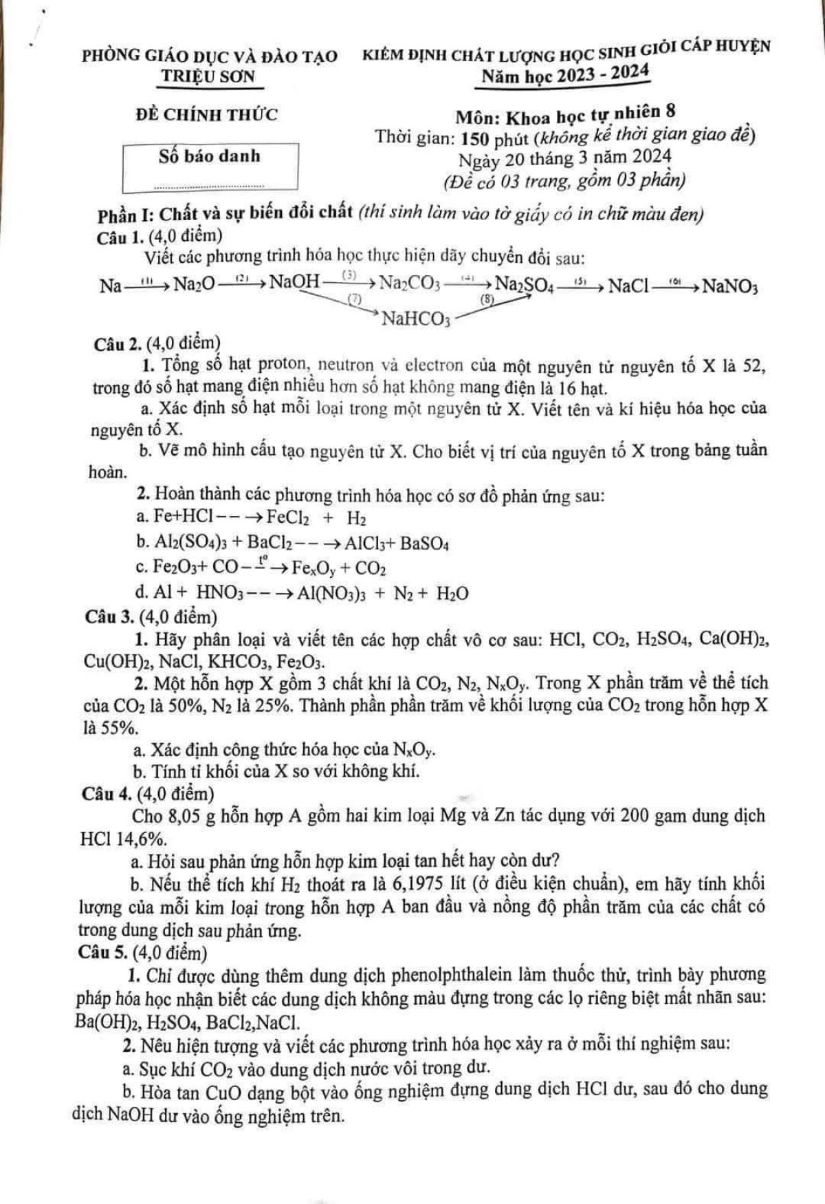 ĐỀ THI KHTN 8 HUYỆN TRIỆU SƠN -THANH HÓA 2023-2024