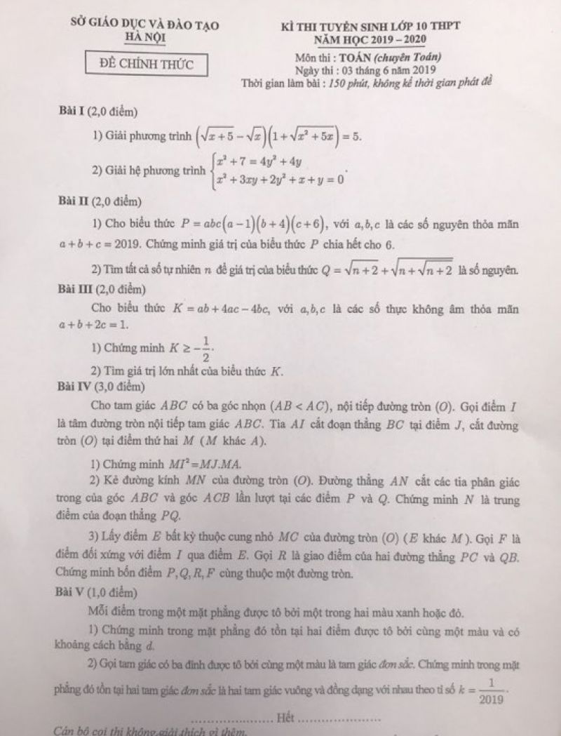 Đề thi tuyển sinh v&agrave;o lớp 10 THPT m&ocirc;n To&aacute;n (chuy&ecirc;n) tại H&agrave; Nội năm 2019
