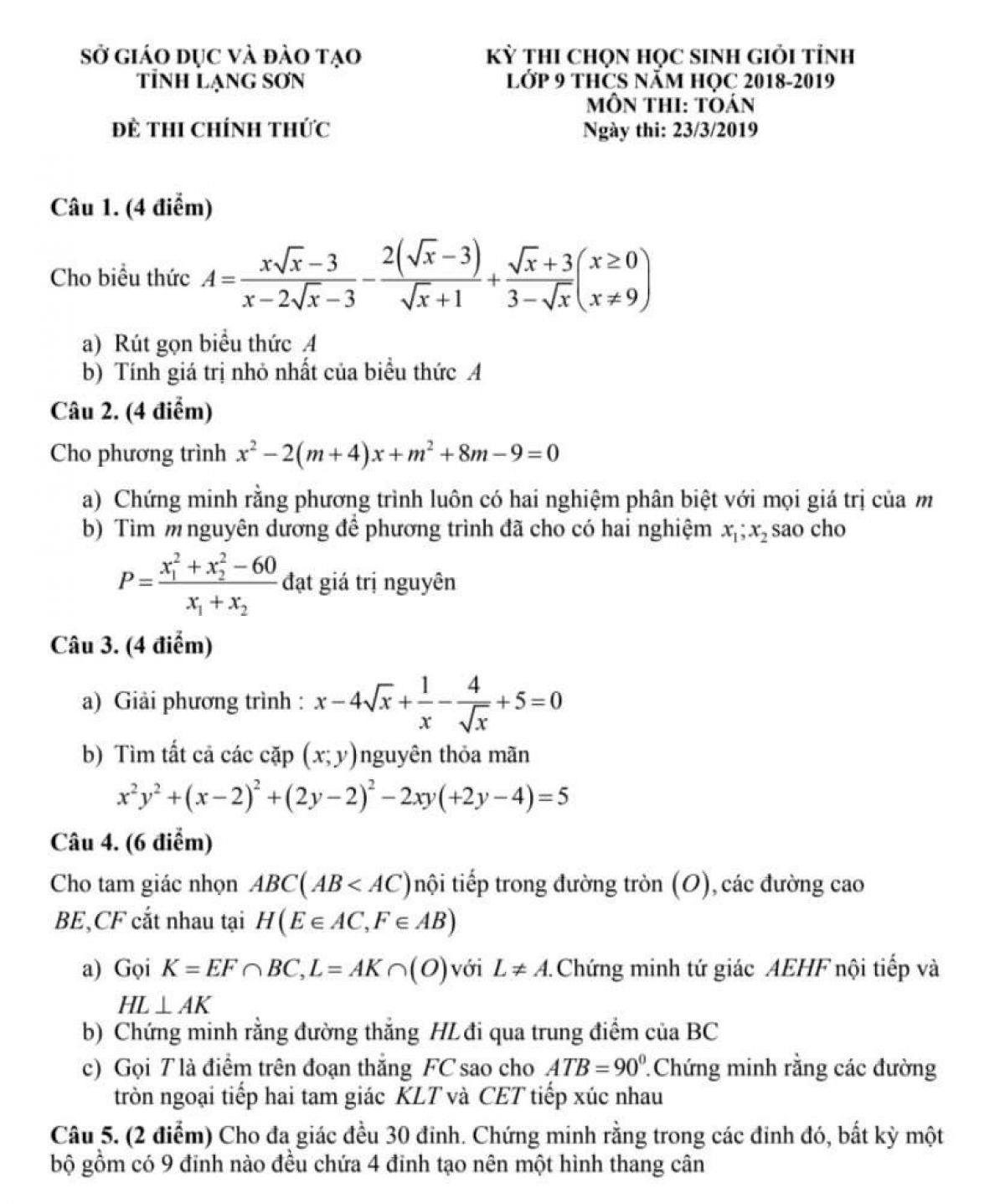 Đề thi chọn HSG môn Toán lớp 9 tỉnh Lạng Sơn năm 2019