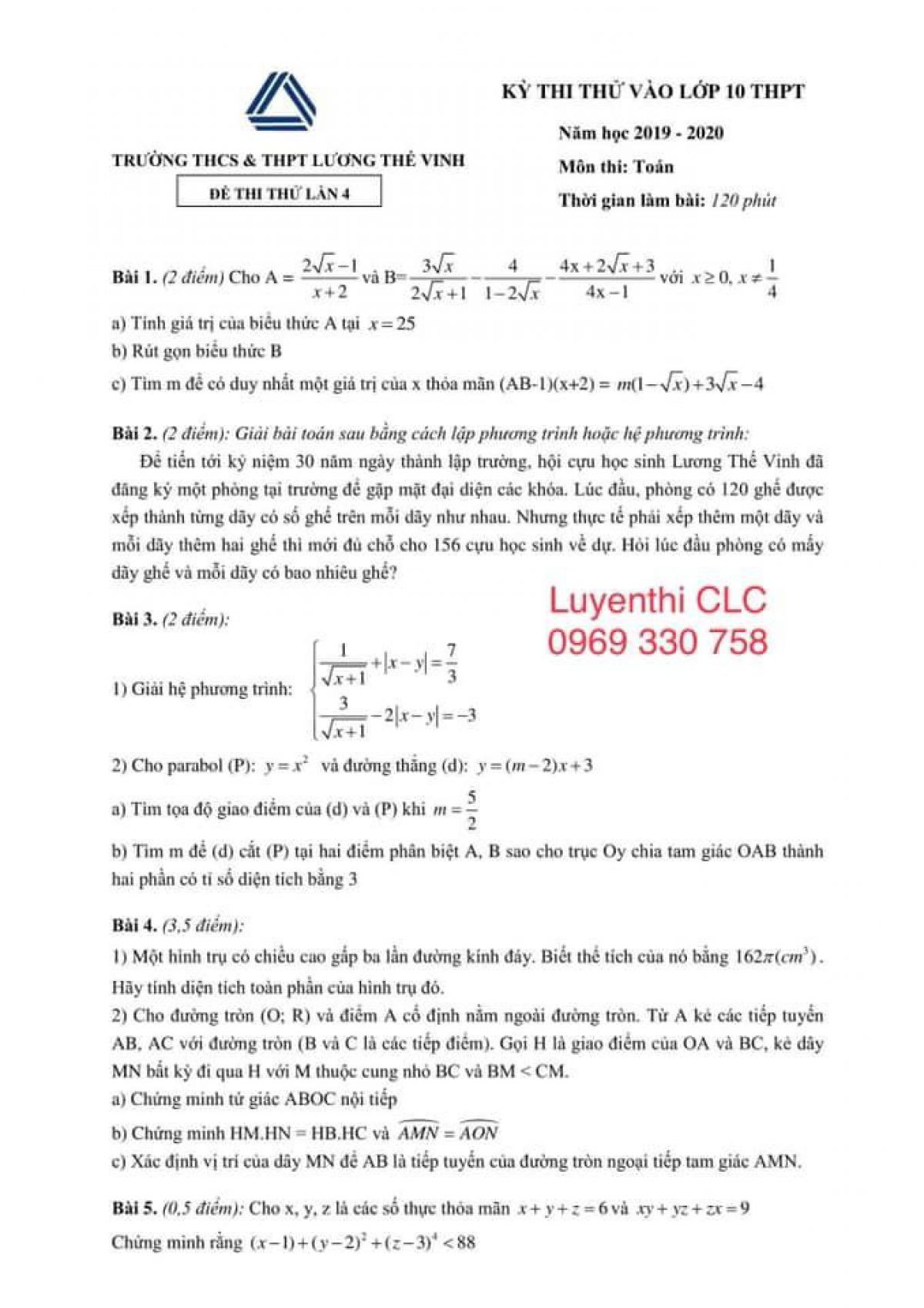 Đề thi thử v&agrave;o lớp 10 THPT m&ocirc;n To&aacute;n Trường THCS &amp; THPT Lương Thế Vinh năm 2019 ( Đề thi thử lần 4)