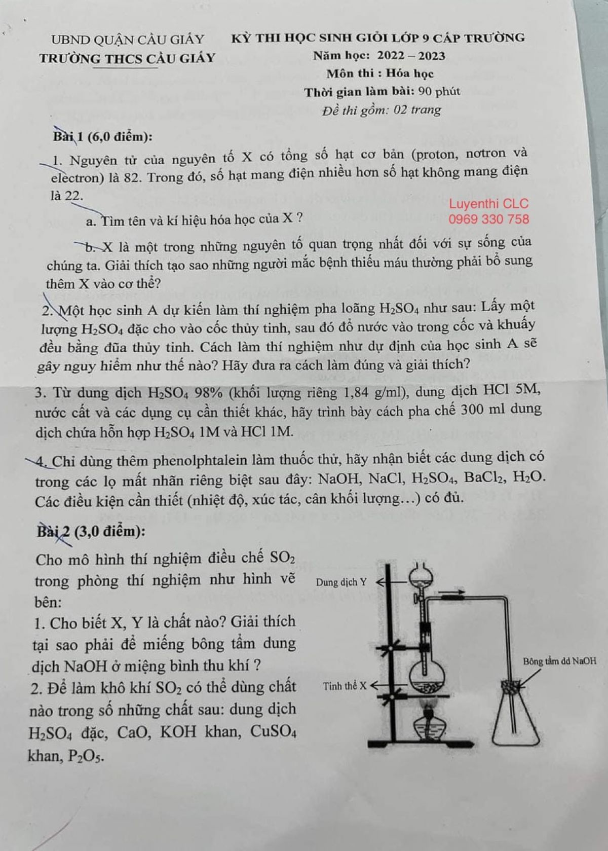 Đề thi chọn HSG môn Hóa Học lớp 9 Trường THCS Cầu Giấy, quận Cầu Giấy, Hà Nội năm 2022