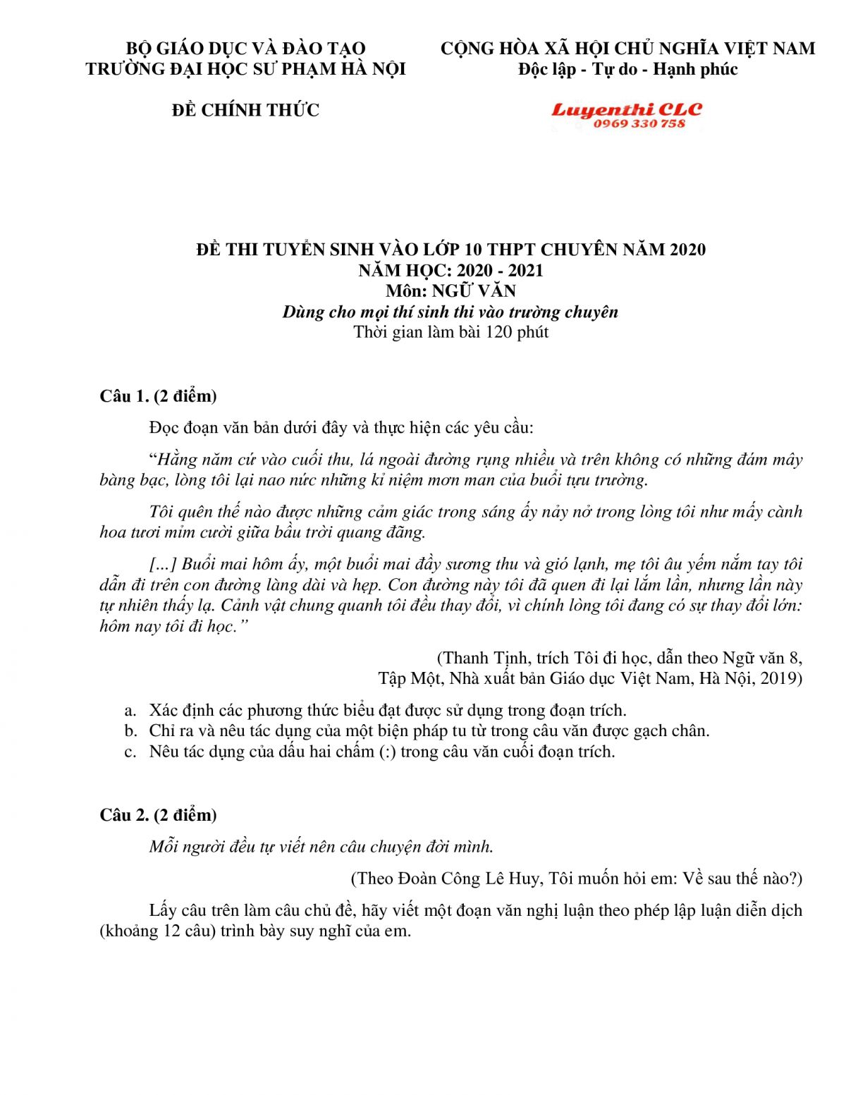 Đề thi tuyển sinh v&agrave;o lớp 10 THPT CHUY&Ecirc;N m&ocirc;n Ngữ Văn Trường Đại học Sư phạm H&agrave; Nội năm 2020