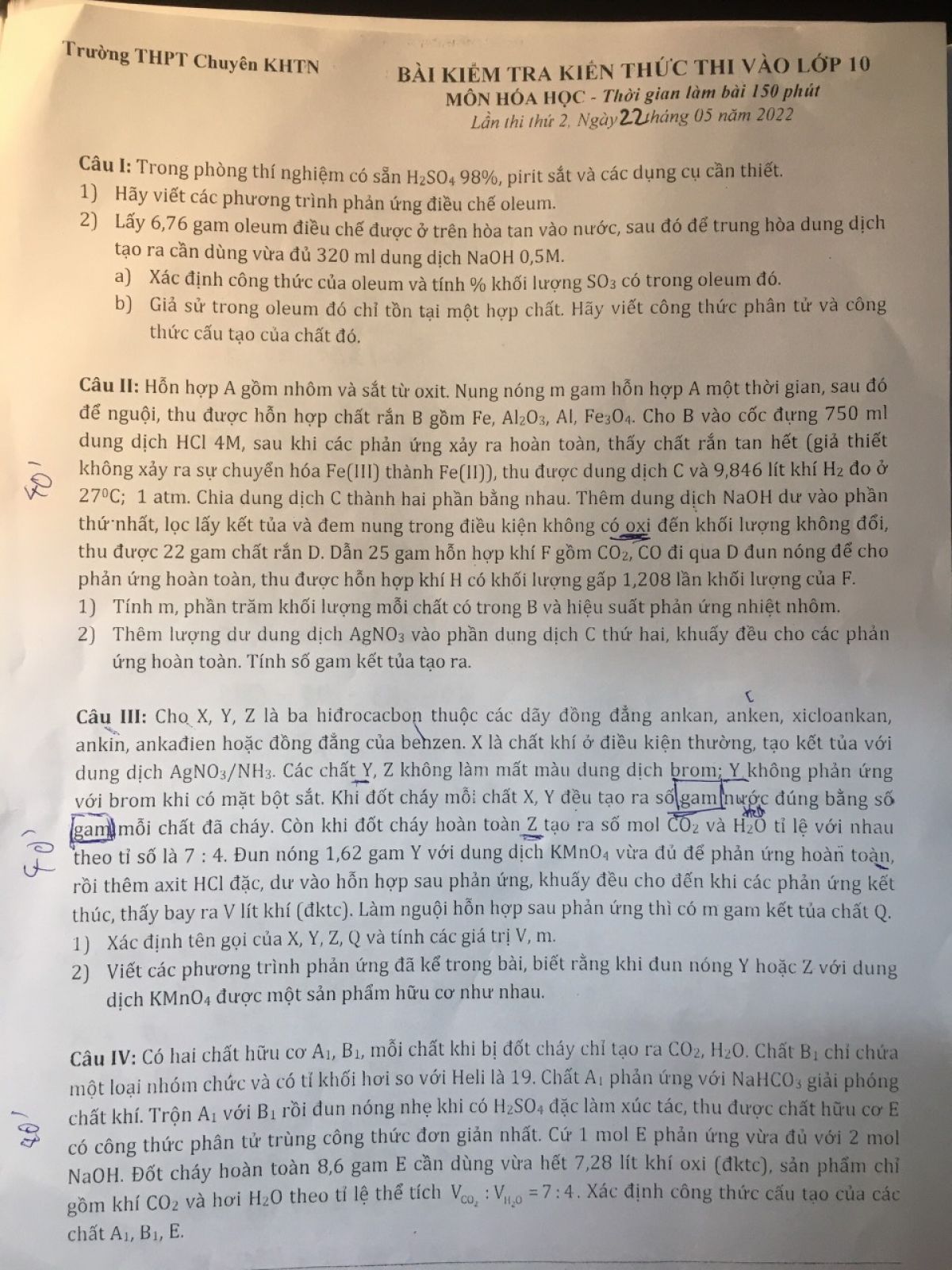 Đề kiểm tra kiến thức thi vào lớp 10 và đáp án môn Hóa Học Trường THPT CHUYÊN KHTN, Hà Nội năm 2022