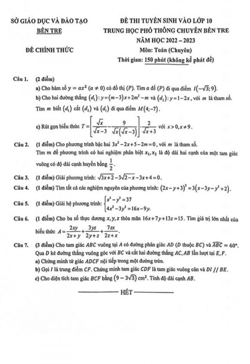 Đề thi tuyển sinh vào lớp 10 THPT CHUYÊN môn Toán tỉnh Bến Tre năm 2022