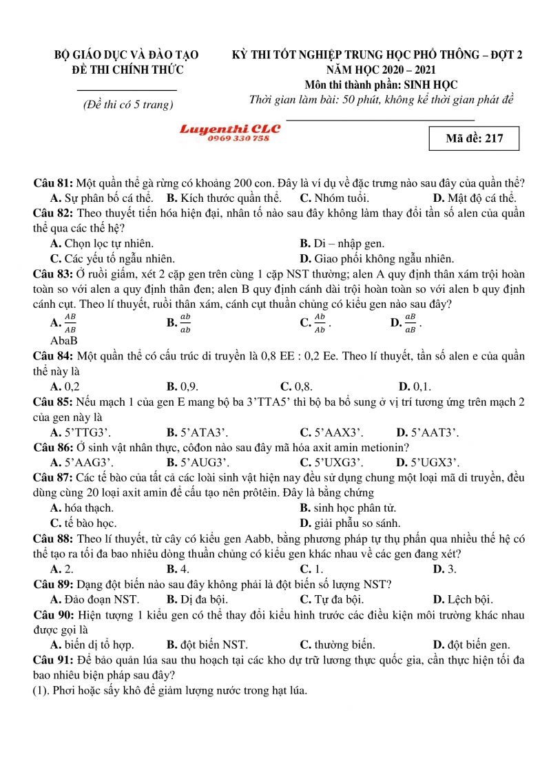 Đề thi tốt nghiệp THPT môn Sinh học lần 2 năm 2021
