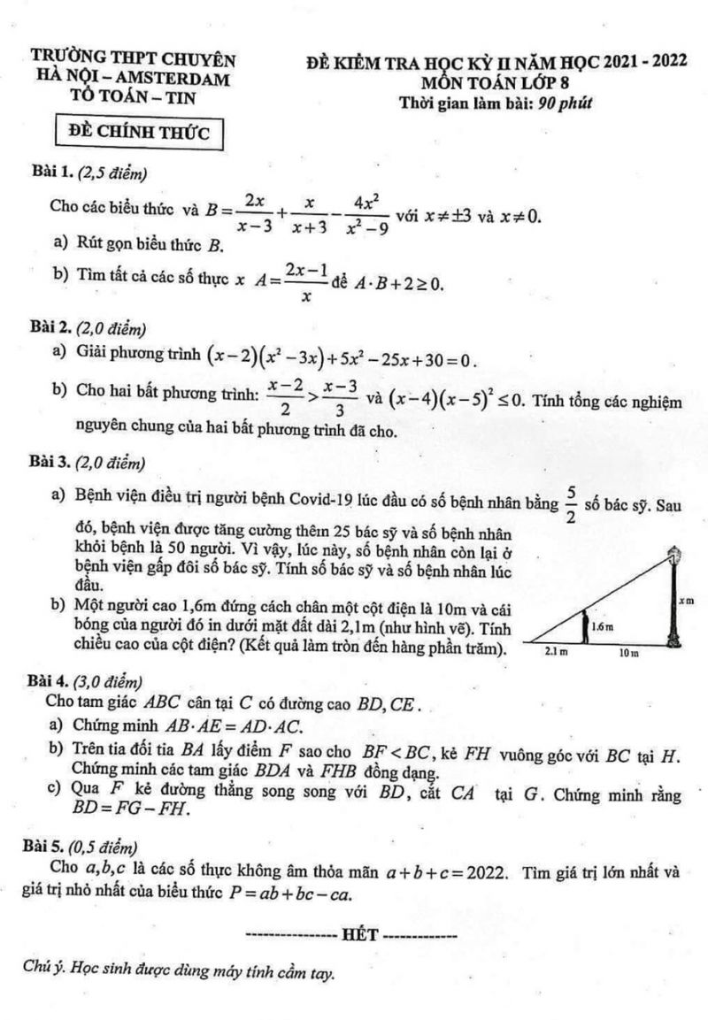 Đề kiểm tra học kì 2 môn Toán lớp 8 Trường THPT CHUYÊN Hà Nội Amsterdam năm 2022