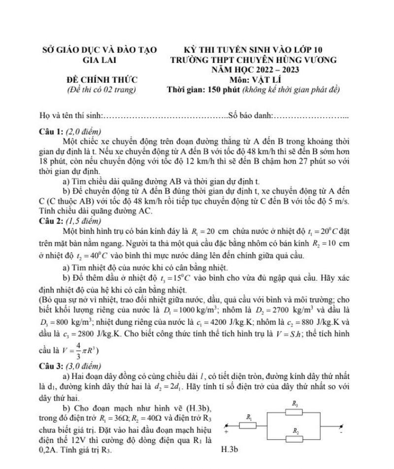 Đề thi tuyển sinh vào lớp 10 môn Vật Lí Trường THPT Chuyên Hùng Vương tỉnh Gia Lai năm 2023