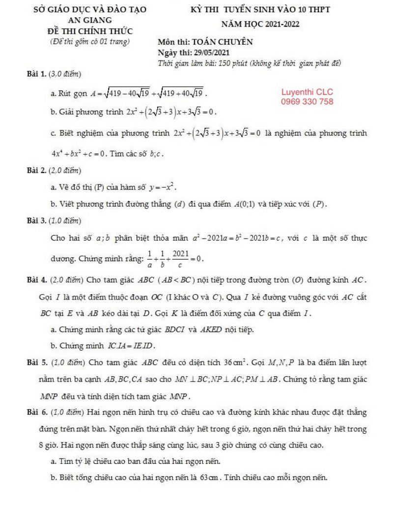 Đề thi tuyển sinh vào lớp 10 môn Toán chuyên tỉnh An Giang năm 2021