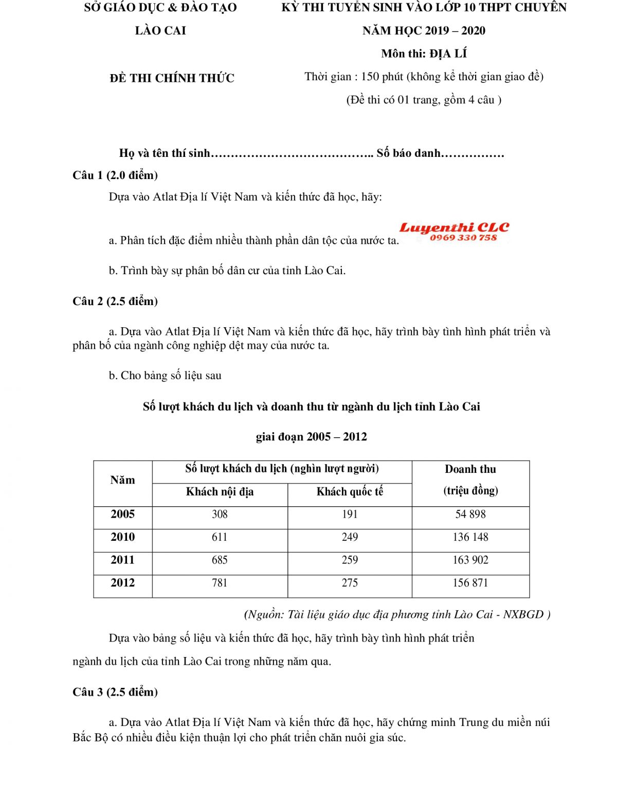 Đề thi tuyển sinh v&agrave;o THPT CHUY&Ecirc;N m&ocirc;n Địa L&iacute; tại L&agrave;o Cai năm 2019