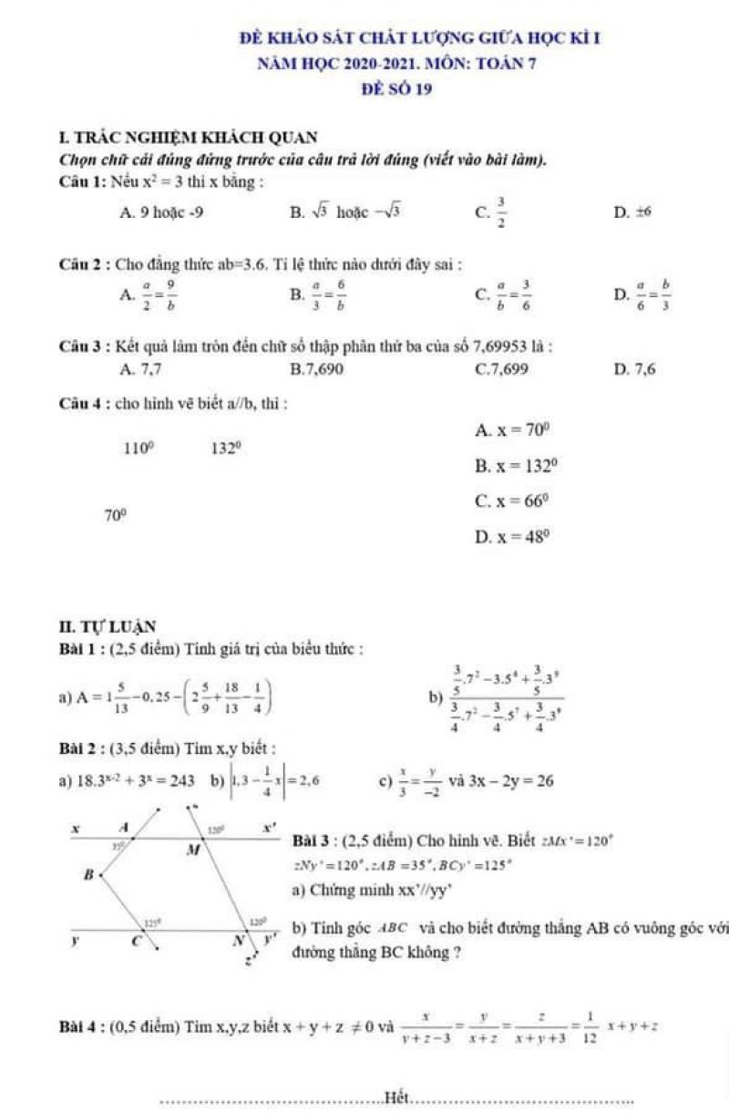 Đề khảo sát chất lượng giữa học kì I môn Toán lớp 7 năm 2021,  Đề số 19