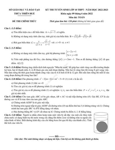 Đề thi tuyển sinh vào lớp 10 THPT môn Toán tại Thừa Thiên Huế năm 2022