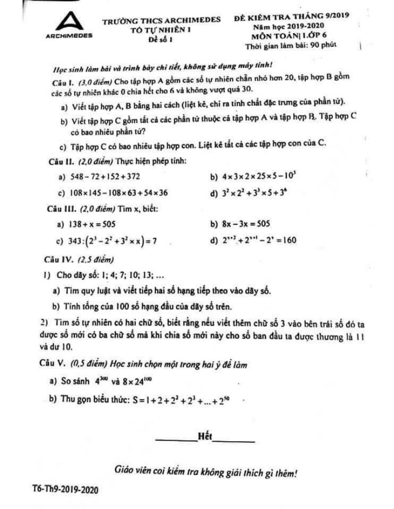 Đề kiểm tra th&aacute;ng 9 - đề số 1 m&ocirc;n To&aacute;n lớp 6 Trường Archimedes năm 2019