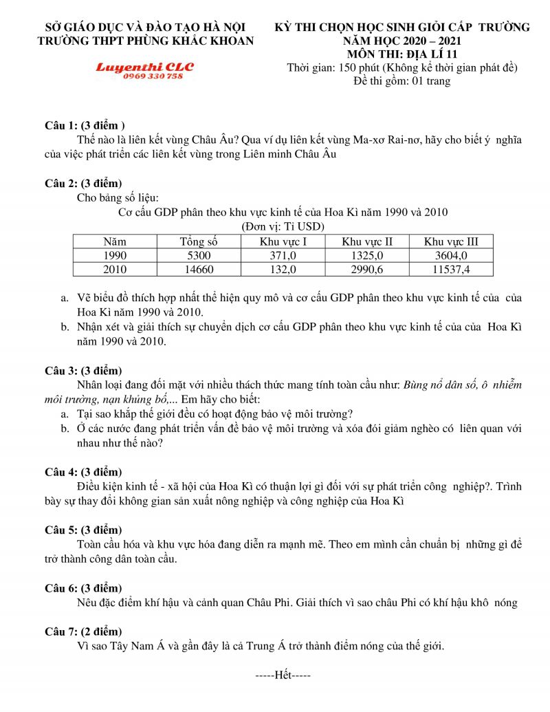 Đề thi chọn HSG môn Địa Lí lớp 11 Trường THPT Phùng Khắc Khoan tại Hà Nội năm 2020
