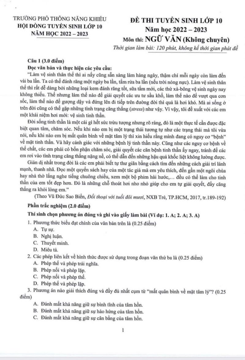 Đề thi tuyển sinh vào lớp 10 môn Ngữ Văn Trường THPT Năng khiếu năm 2022