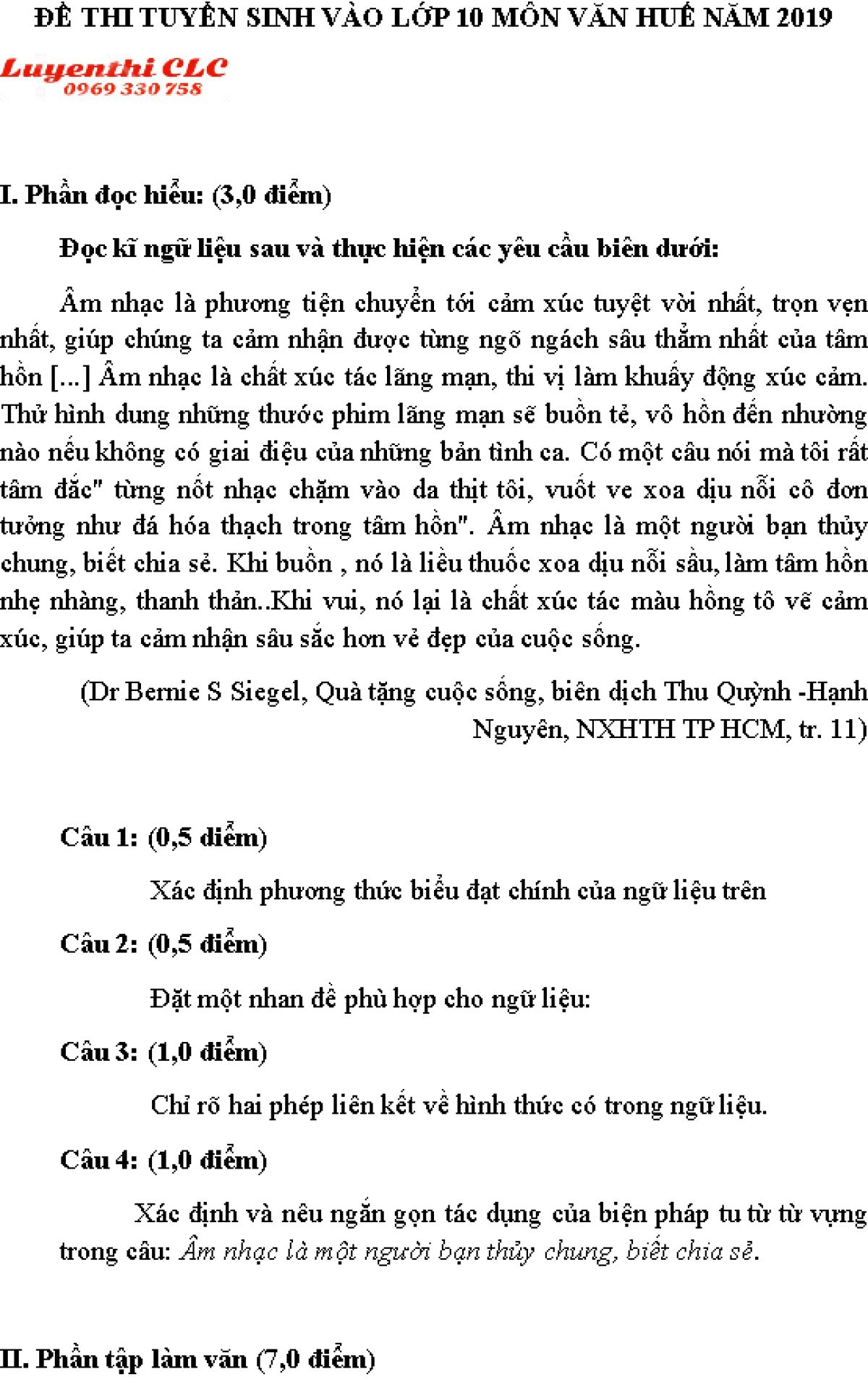 Đề thi tuyển sinh vào lớp 10 môn Ngữ Văn năm 2019 Huế