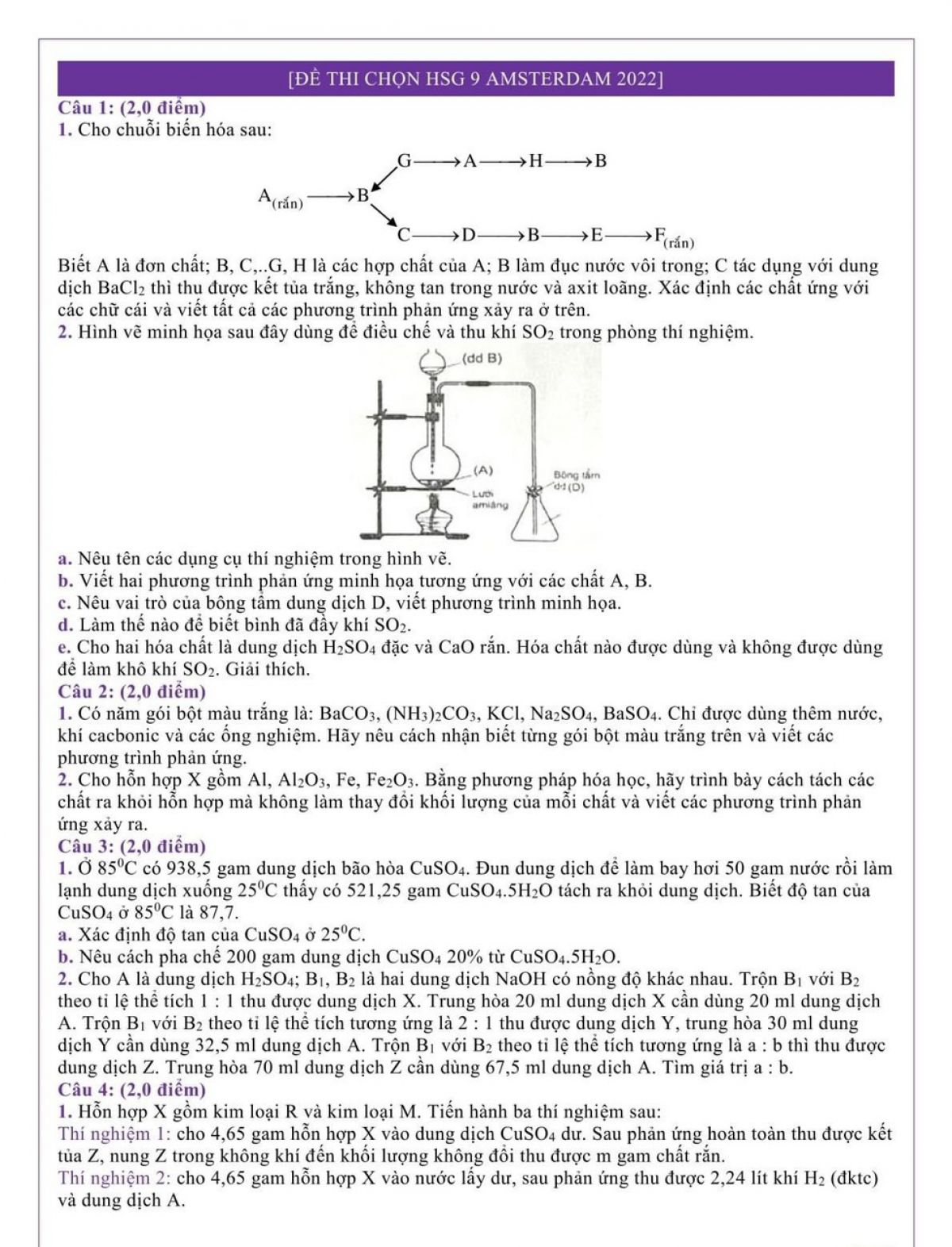 Đề thi chọn HSG v&agrave; đ&aacute;p &aacute;n m&ocirc;n H&oacute;a Học lớp 9 Trường THPT CHUY&Ecirc;N AMSTERDAM năm 2022
