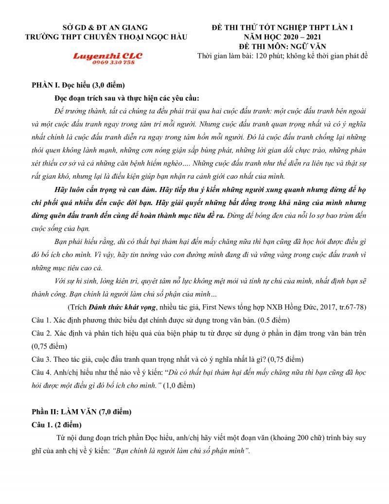 Đề thi thử tốt nghiệp THPT lần 1 m&ocirc;n Ngữ Văn Trường THPT CHUY&Ecirc;N Thoại Ngọc Hầu, tỉnh An Giang năm 2020