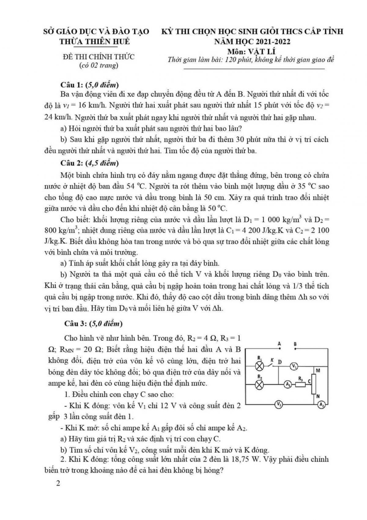 Đề thi chọn HSG môn Vật Lí cấp THCS tỉnh Thừa Thiên Huế năm 2022