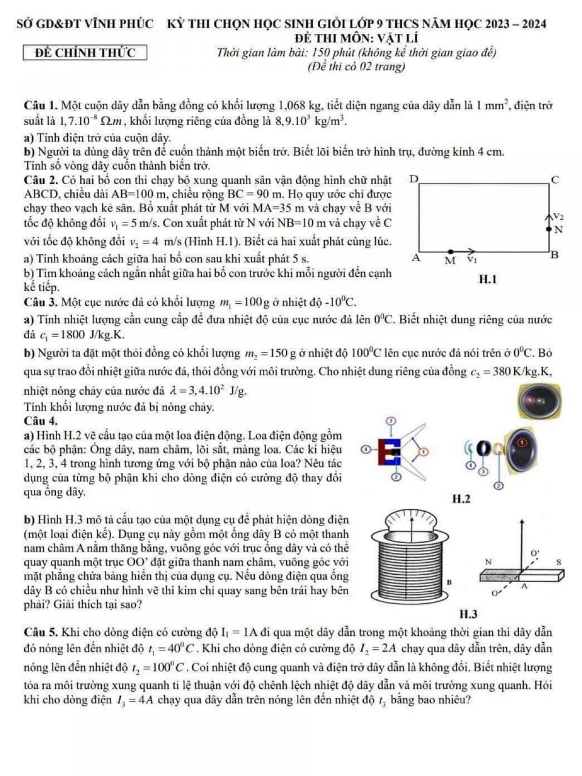 Đề thi chọn HGS môn Vật Lí lớp 9 tỉnh Vĩnh Phúc năm 2023