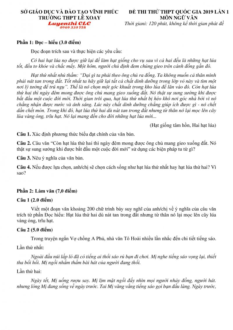 Đề thi thử THPT Quốc Gia lần 1 m&ocirc;n Ngữ Văn Trường THPT L&ecirc; Xoay tỉnh Vĩnh Ph&uacute;c năm 2019