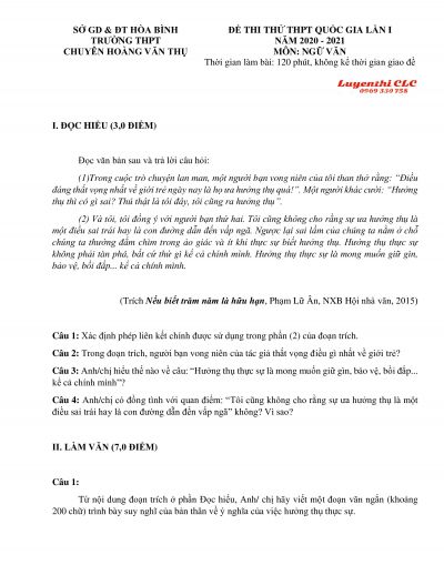 Đề thi thử THPT Quốc  Gia môn Ngữ Văn - lần 1 Trường THPT Chuyên Hoàng Văn Thụ, tỉnh Hòa Bình năm 2021