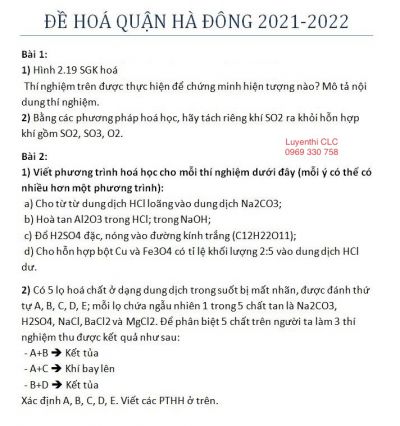 Đề thi HSG môn Hoá học của quận Hà Đông - thành phố Hà Nội năm 2022
