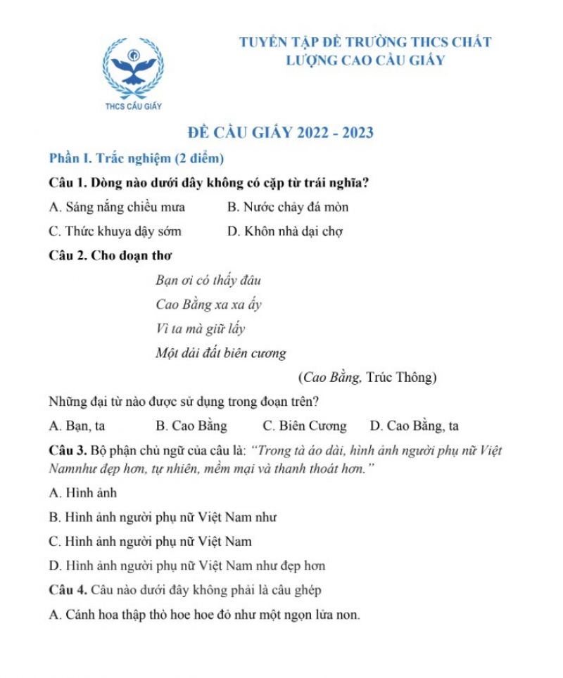Đề thi m&ocirc;n Ngữ Văn THCS CLC Cầu Giấy năm 2022-2023