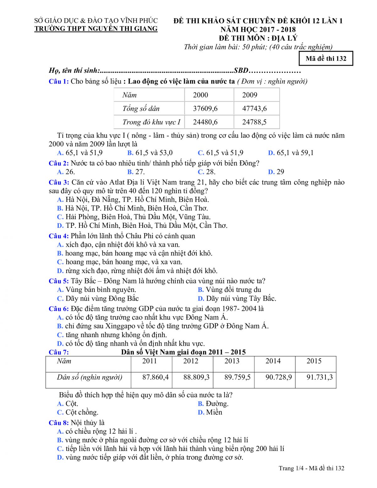 Đề thi khảo s&aacute;t chuy&ecirc;n đề m&ocirc;n Địa L&yacute; khối 12 lần 1 Trường THPT Nguyễn Thị Giang, tỉnh Vĩnh Ph&uacute;c năm 2018