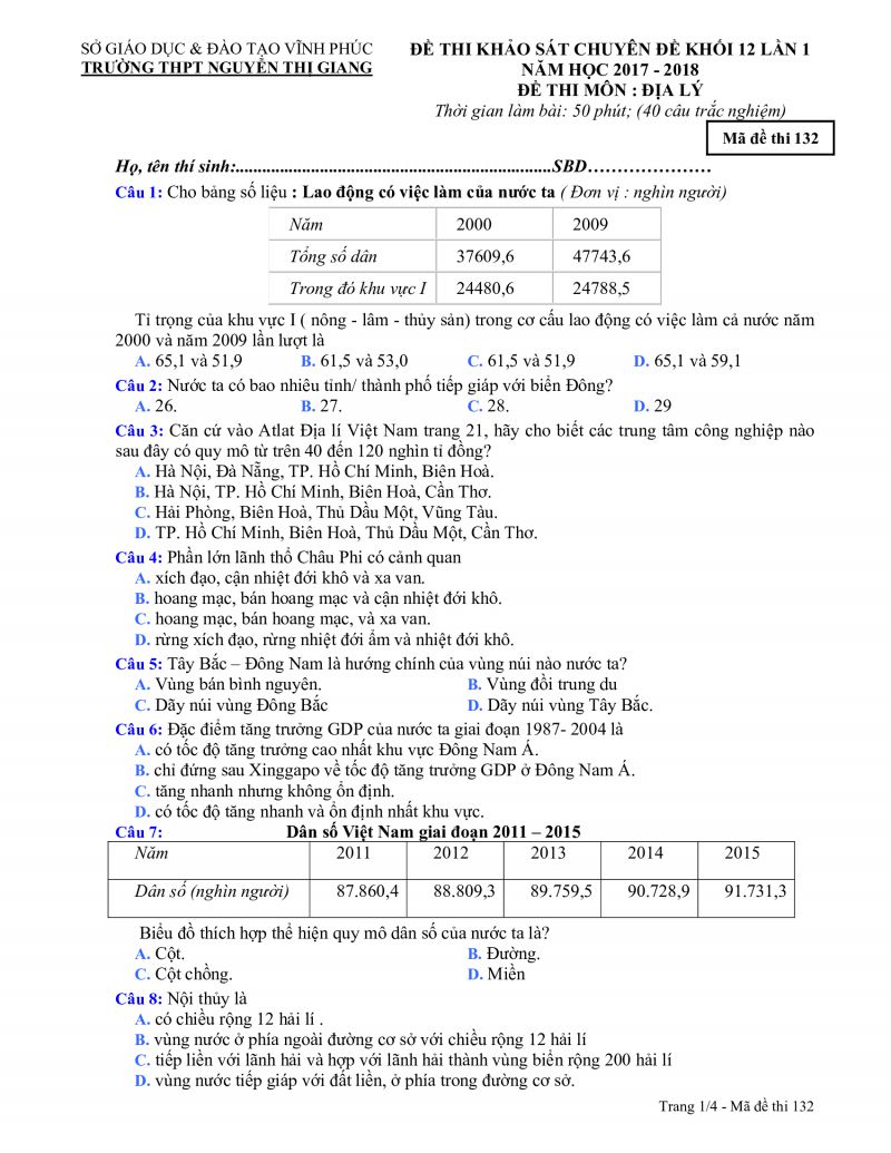 Đề thi khảo sát chuyên đề môn Địa Lý khối 12 lần 1 Trường THPT Nguyễn Thị Giang, tỉnh Vĩnh Phúc năm 2018