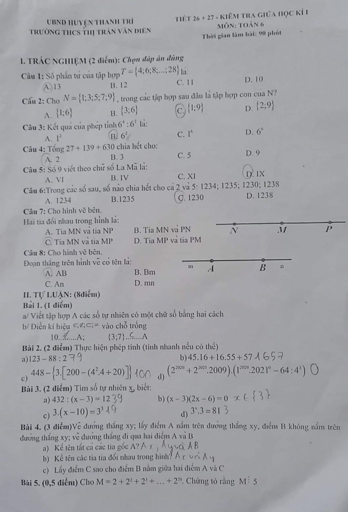 Đề kiểm tra giữa học kì I môn Toán lớp 6 huyện Thanh Trì