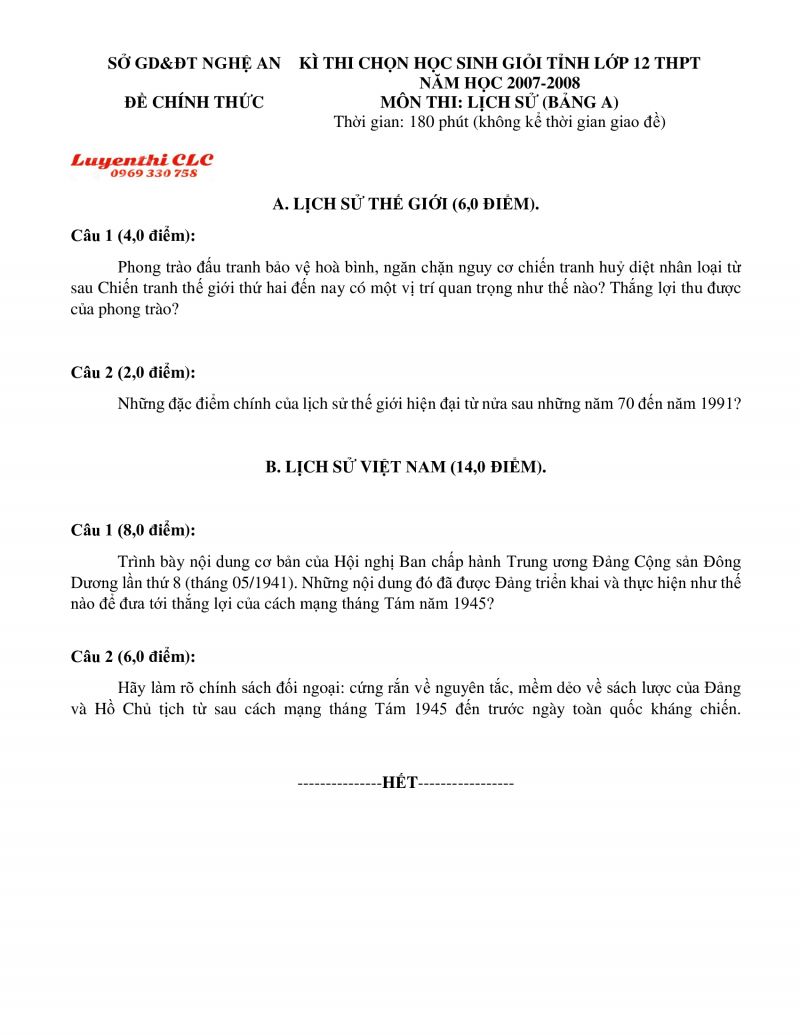 Đề thi chọn HSG m&ocirc;n Lịch Sử Bảng A lớp 12 THPT tỉnh Nghệ An năm 2008