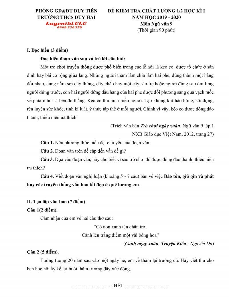 Đề kiểm tra chất lượng giữa học k&igrave; I m&ocirc;n Ngữ Văn lớp 9 huyện Duy Ti&ecirc;n, tỉnh H&agrave; Nam năm 2019