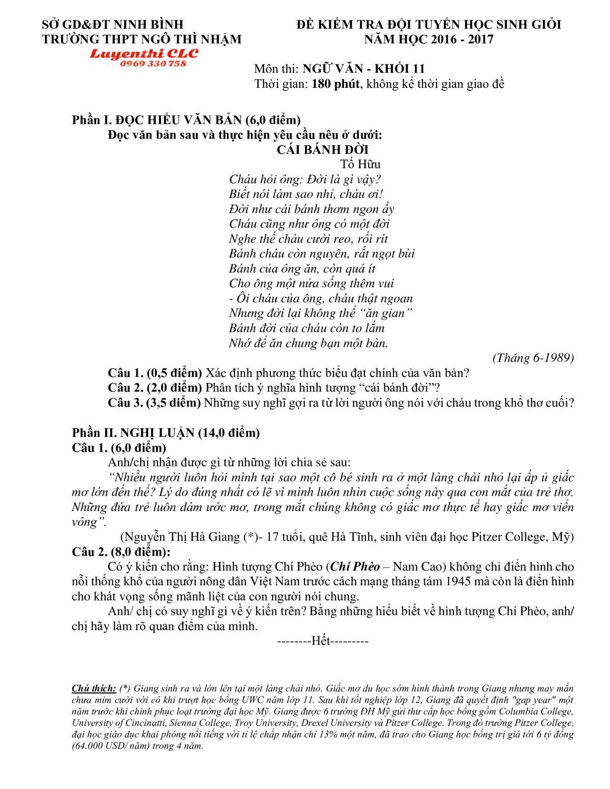 Đề kiểm tra đội tuyển HSG m&ocirc;n Ngữ Văn khối 11 Trường THPT Ng&ocirc; Th&igrave; Nhậm, tỉnh Ninh B&igrave;nh năm 2016