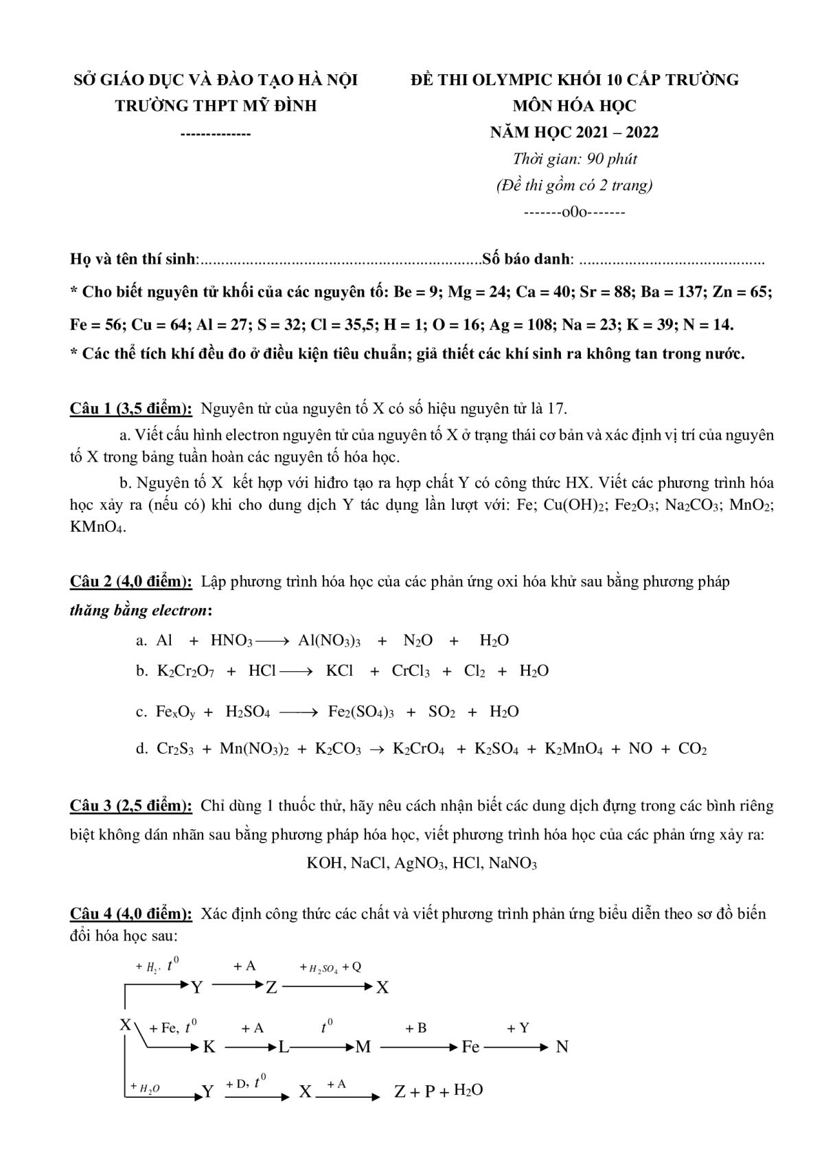 Đề thi OLYMPIC v&agrave; đ&aacute;p &aacute;n m&ocirc;n H&oacute;a Học khối 10 Trường THPT Mỹ Đ&igrave;nh, H&agrave; Nội năm 2020