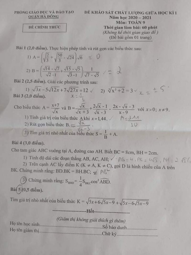 Đề khảo sát chất lượng giữa học kì I môn Toán lớp 9 quận Hà Đông năm 2020