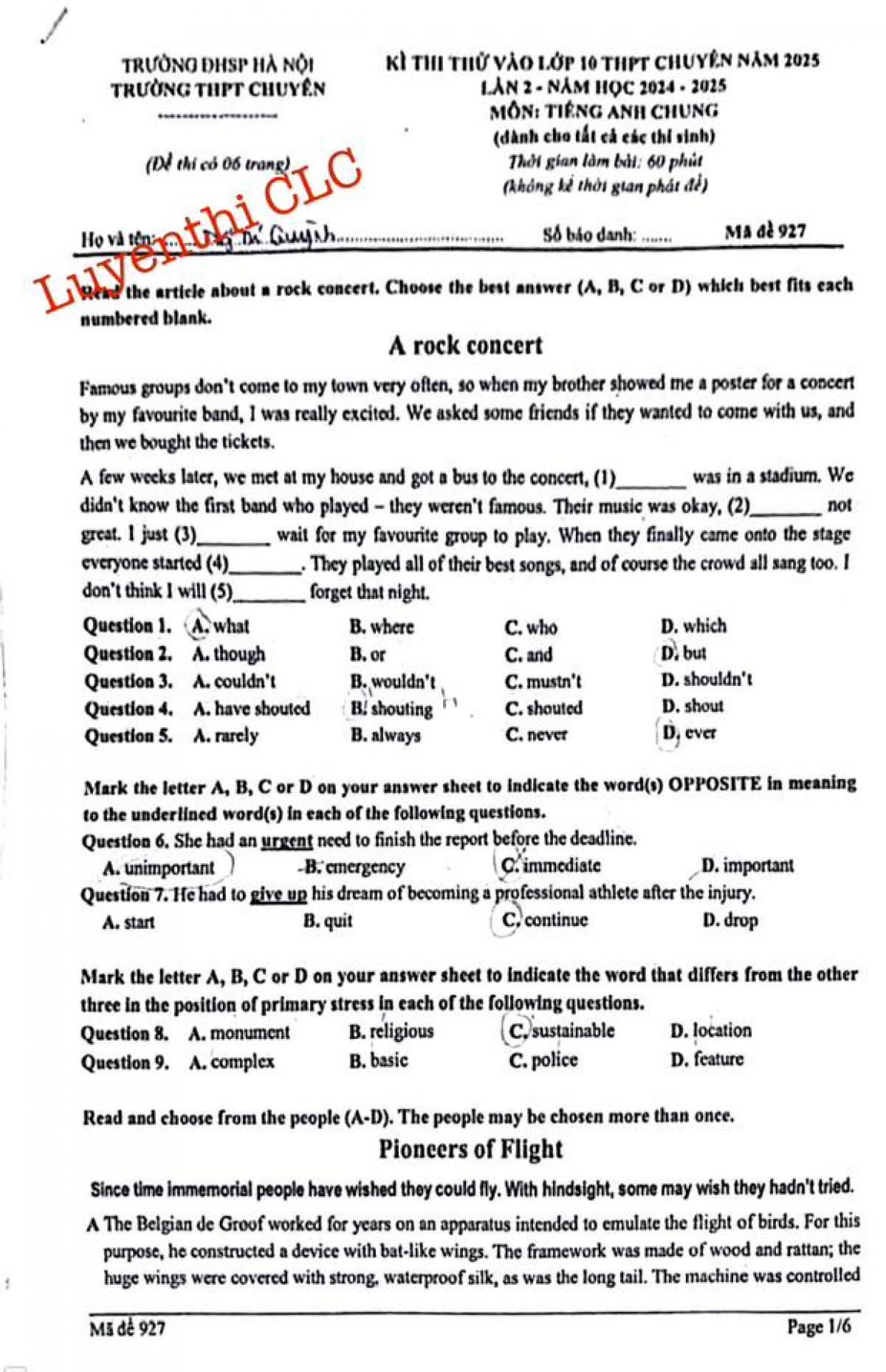 Đề thi thử v&agrave;o 10 THPT chuy&ecirc;n Sư Phạm lần 2 m&ocirc;n Tiếng Anh chung năm 2025-2026