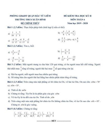 Đề kiểm tra học kì II môn Toán lớp 6 Trường THCS Xuân Đỉnh, quận Bắc Từ Liêm, Hà Nội năm 2019