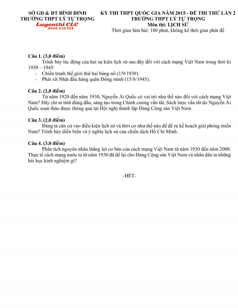 Đề thi thử lần 2 môn Lịch Sử lớp 12 Trường THPT Lý Tự Trọng tỉnh Bình Định năm 2015