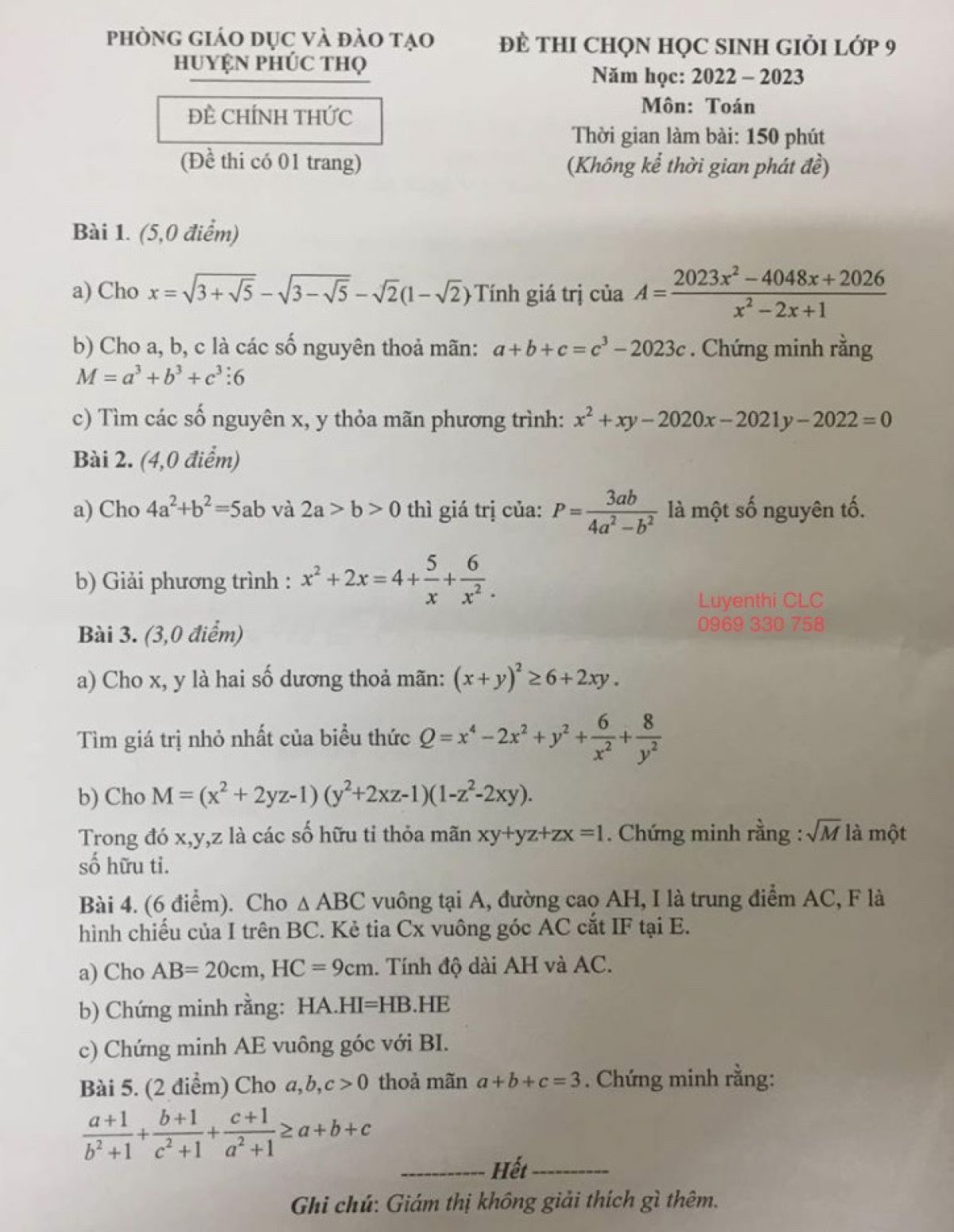 Đề thi chọn HSG m&ocirc;n To&aacute;n lớp 9 huyện Ph&uacute;c Thọ, H&agrave; Nội năm 2022