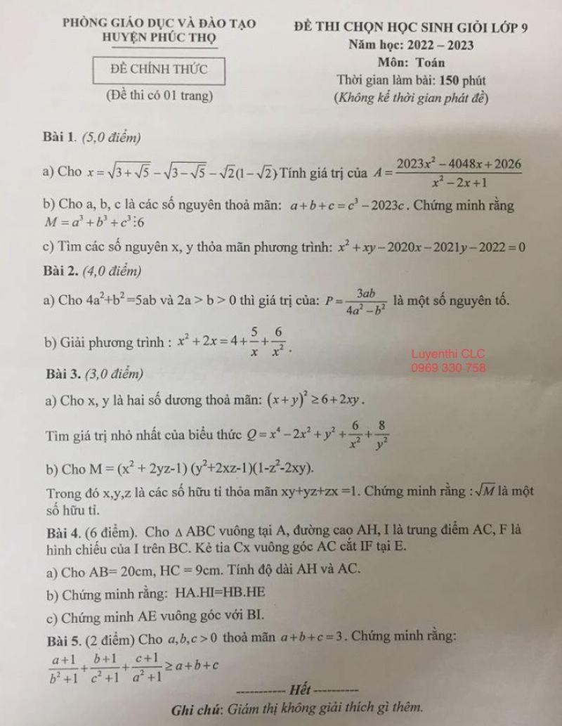 Đề thi chọn HSG môn Toán lớp 9 huyện Phúc Thọ, Hà Nội năm 2022