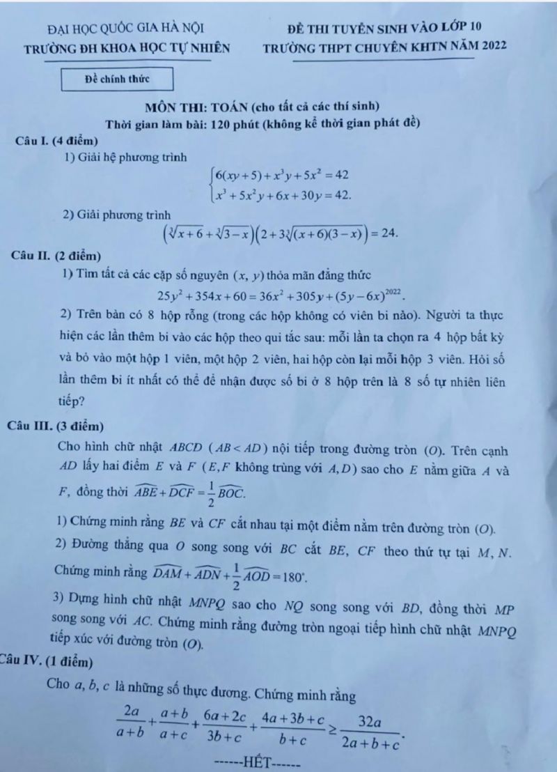 Đề thi tuyển sinh vào lớp 10 môn Toán Trường THPT CHUYÊN KHTN năm 2022 ( Đề dành cho tất cả thí sinh)