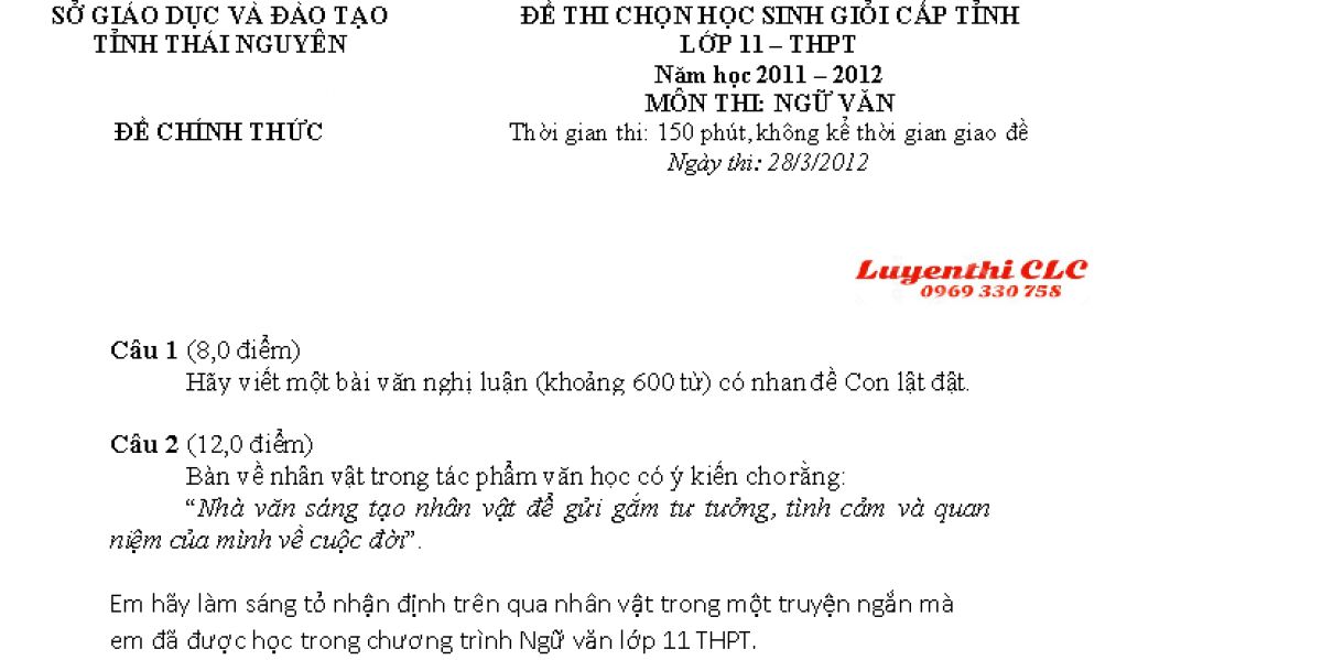 Đề thi chọn HSG cấp tỉnh lớp 11 THPT v&agrave; đ&aacute;p &aacute;n m&ocirc;n Ngữ Văn tỉnh Th&aacute;i Nguy&ecirc;n năm 2012