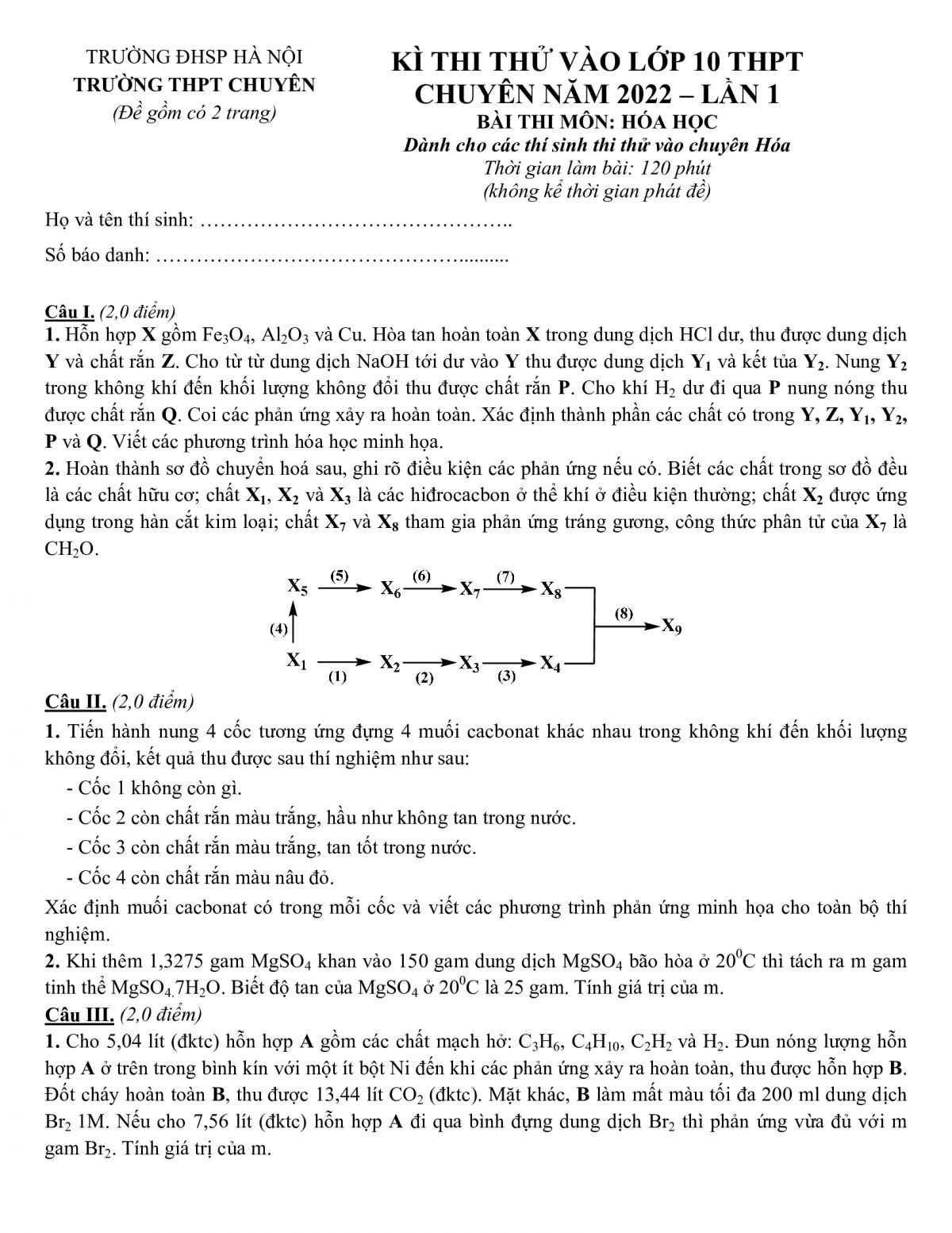 Đề thi thử vào lớp 10 THPT môn Hóa Học Trường THPT CHUYÊN Đại học Sư phạm Hà Nội năm 2022