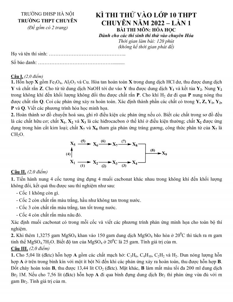Đề thi thử vào lớp 10 THPT môn Hóa Học Trường THPT CHUYÊN Đại học Sư phạm Hà Nội năm 2022