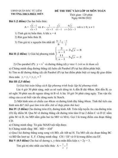Đề thi tuyển sinh vào lớp 10 THPT môn Toán Trường THCS Phúc Diễn, quận Bắc Từ Liêm, Hà Nội năm 2022